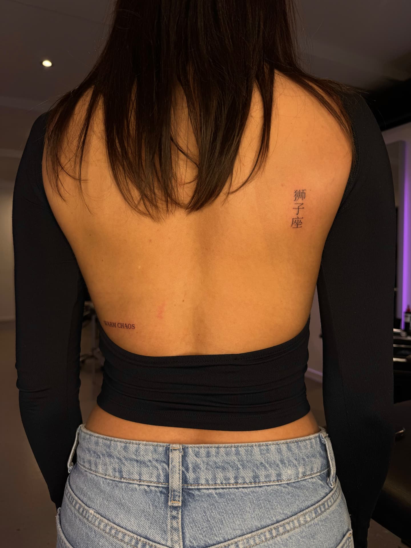 Small back tattoos in kanji and fine serif lettering