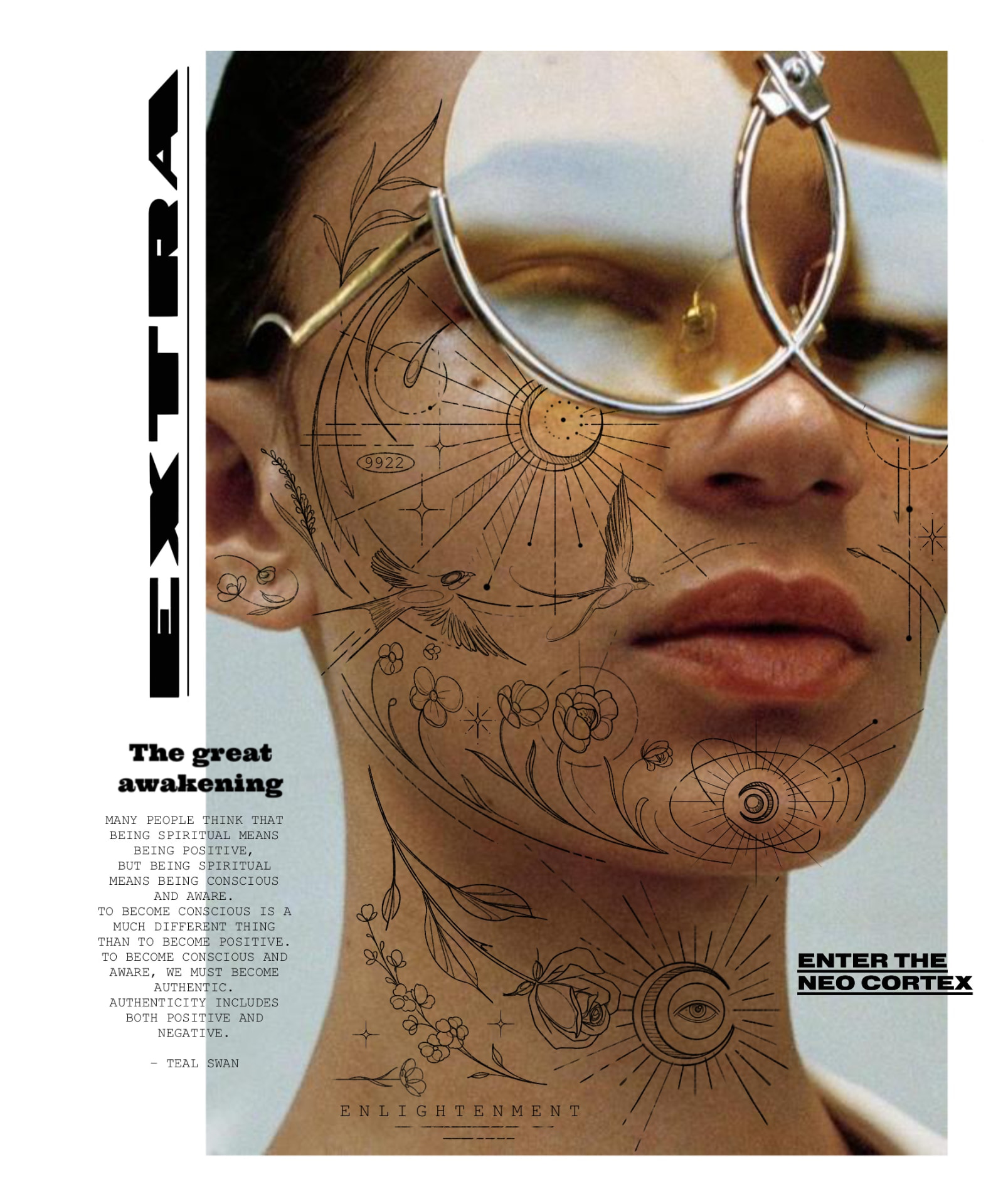 Editorial page: The great awakening, illustrated fine line tattoo flash over a portrait